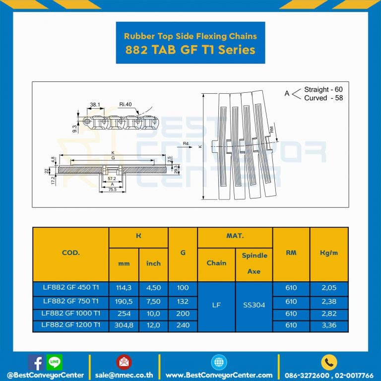 โซ่พลาสติกทางโค้ง Table Top Chain (Rubber Top) LF882GF TAB T1 ; 10 นิ้ว : LF882GF 1000TABT11