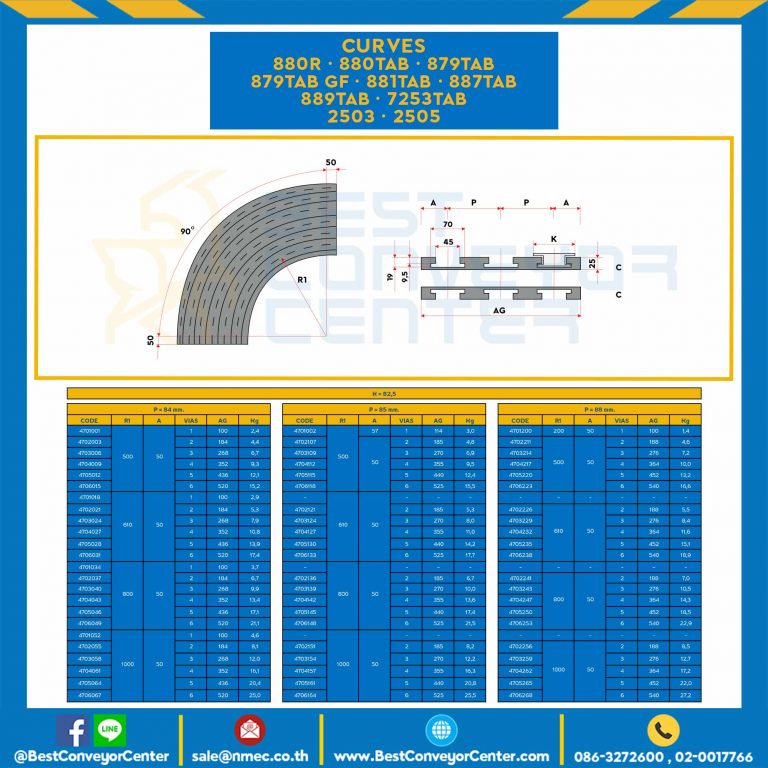 CURVES K=114,3, P=120 mm., R1 1000, A65, VIAS 1, AG 130, Kg 7 FOR Chain 880TAB : 4701331-880TAB