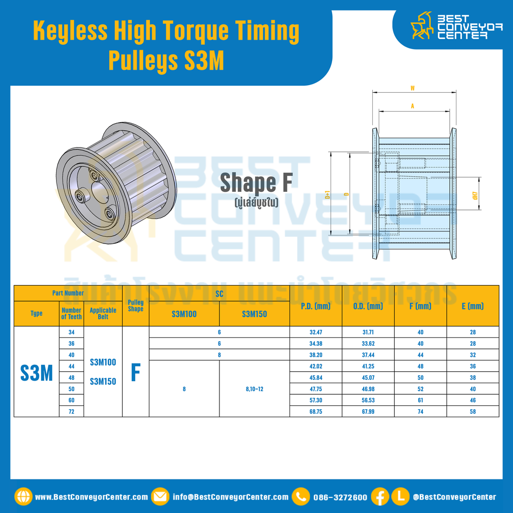 มู่เล่ย์ไทม์มิ่งแรงบิดสูงแบบไม่มีลิ่ม Pulleys Timing Keyless High Torque S3M TFS