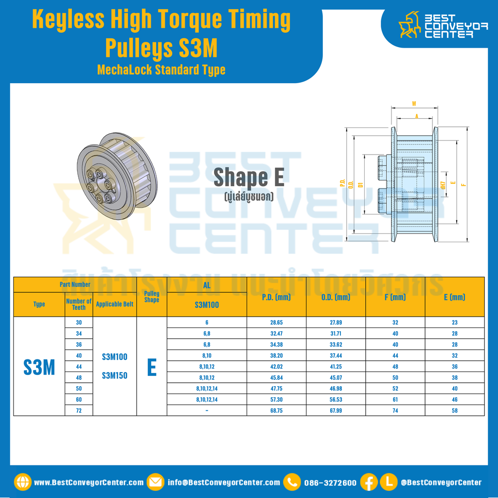 มู่เล่ย์ไทม์มิ่งแรงบิดสูงแบบไม่มีลิ่ม Pulleys Timing Keyless High Torque S3M 