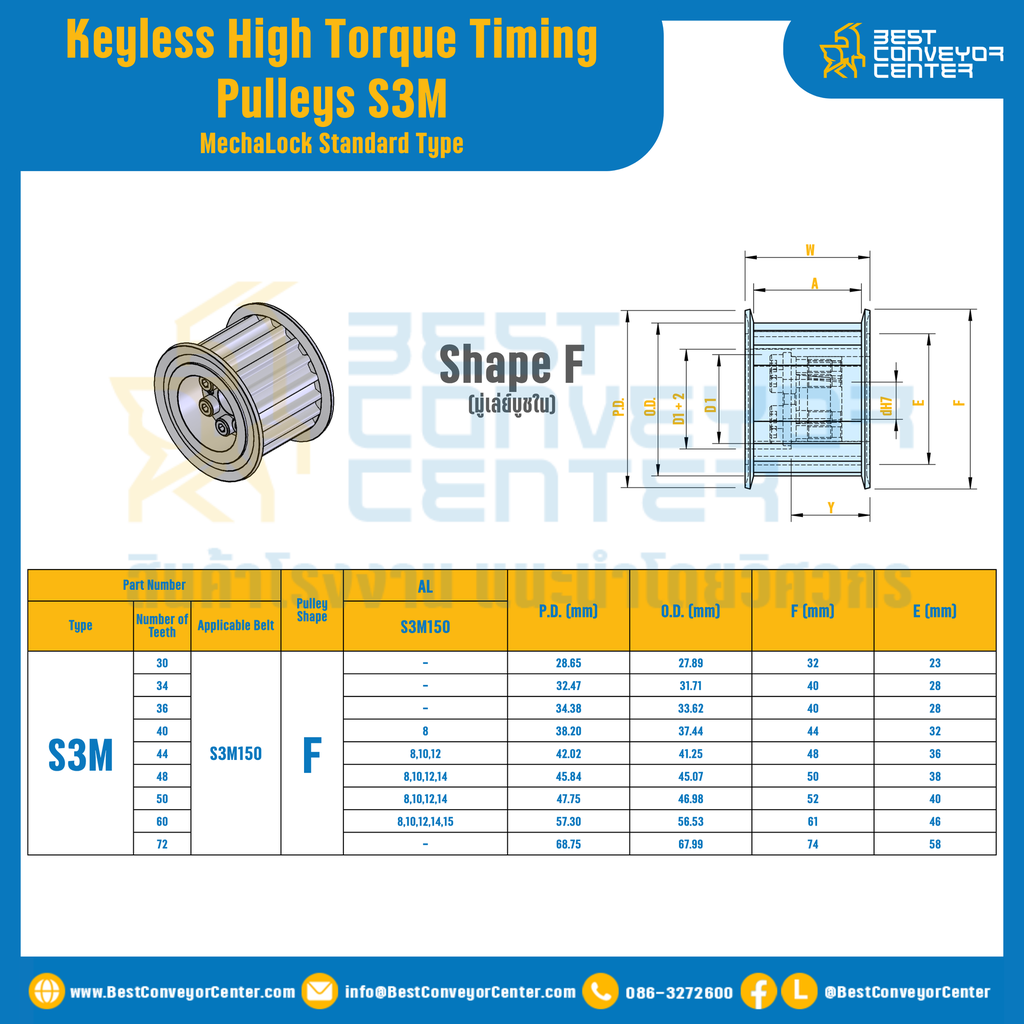 มู่เล่ย์ไทม์มิ่งแรงบิดสูงแบบไม่มีลิ่ม Pulleys Timing Keyless High Torque S3M 