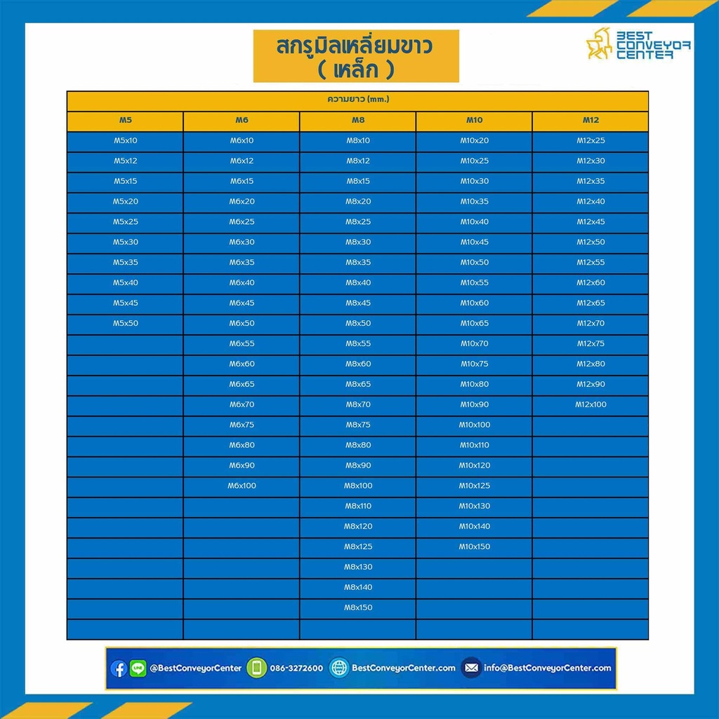 สกรูหัวเหลี่ยม M8x25 mm. เกลียวตลอดชุปขาว : M8L25S