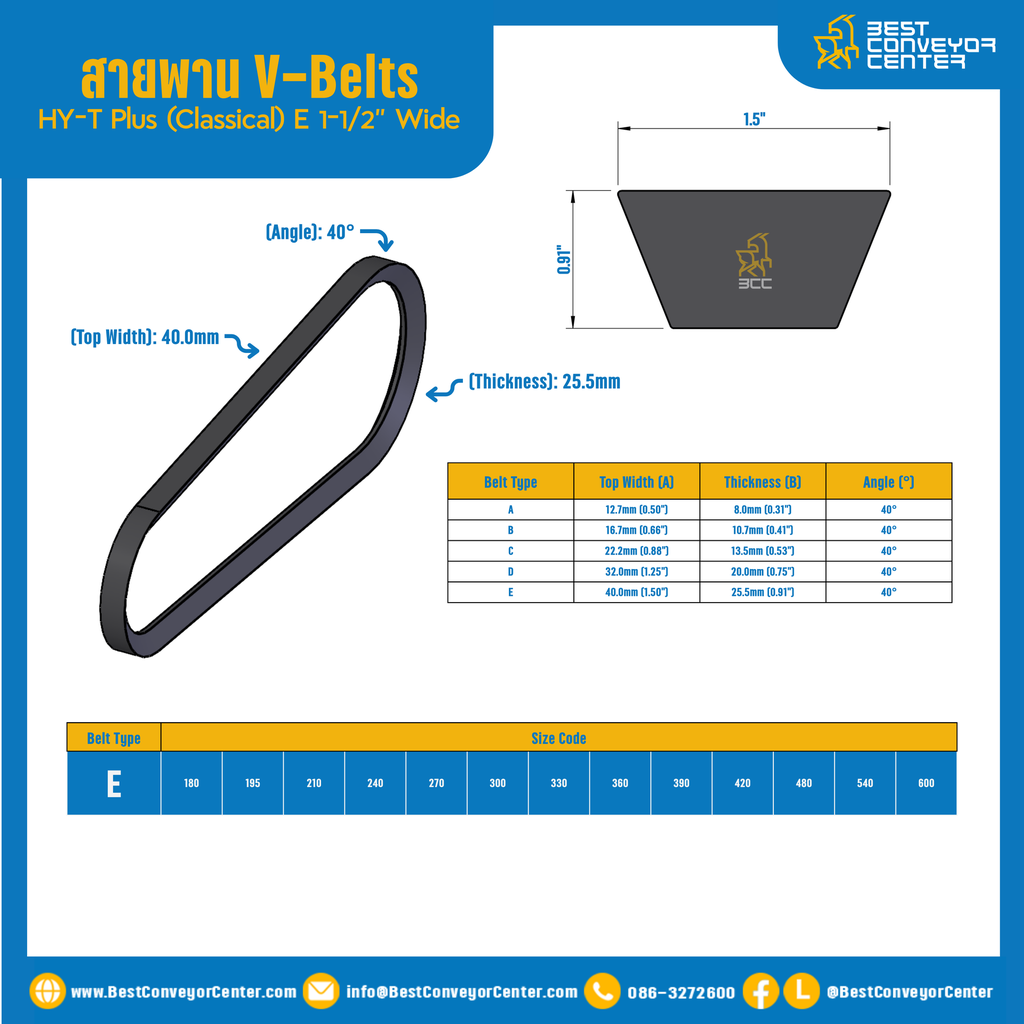 HY-T Plus (Classical) E 1-1/2″ Wide V-Belts : E180