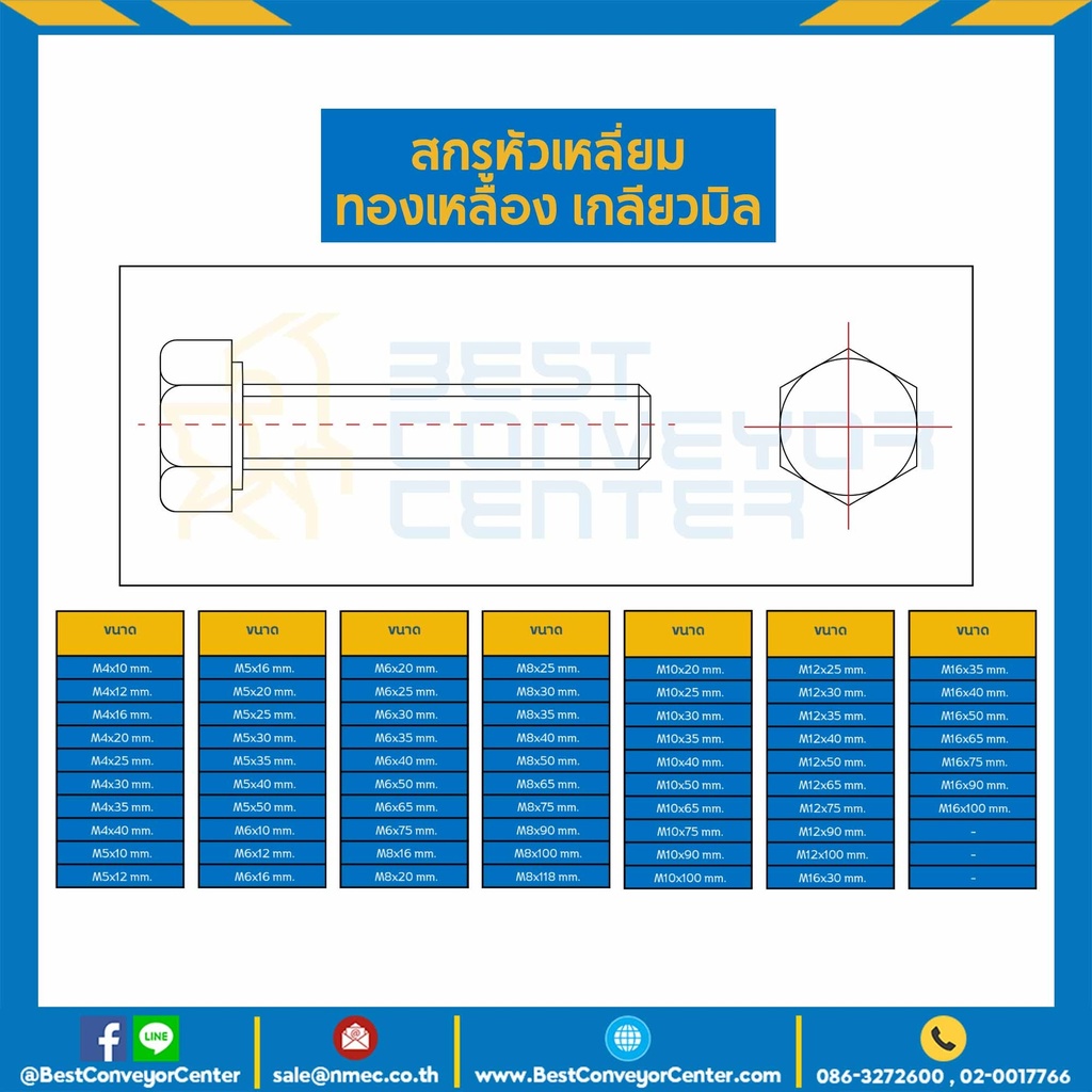 สกรูหัวเหลี่ยมทองเหลือง ขนาด M10x100 mm. : BHS-M10L110