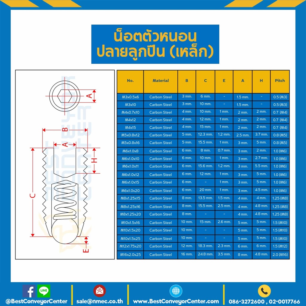 สกรูตัวหนอน M10x20 ปลายลูกปืน (Black) : M10L20BP