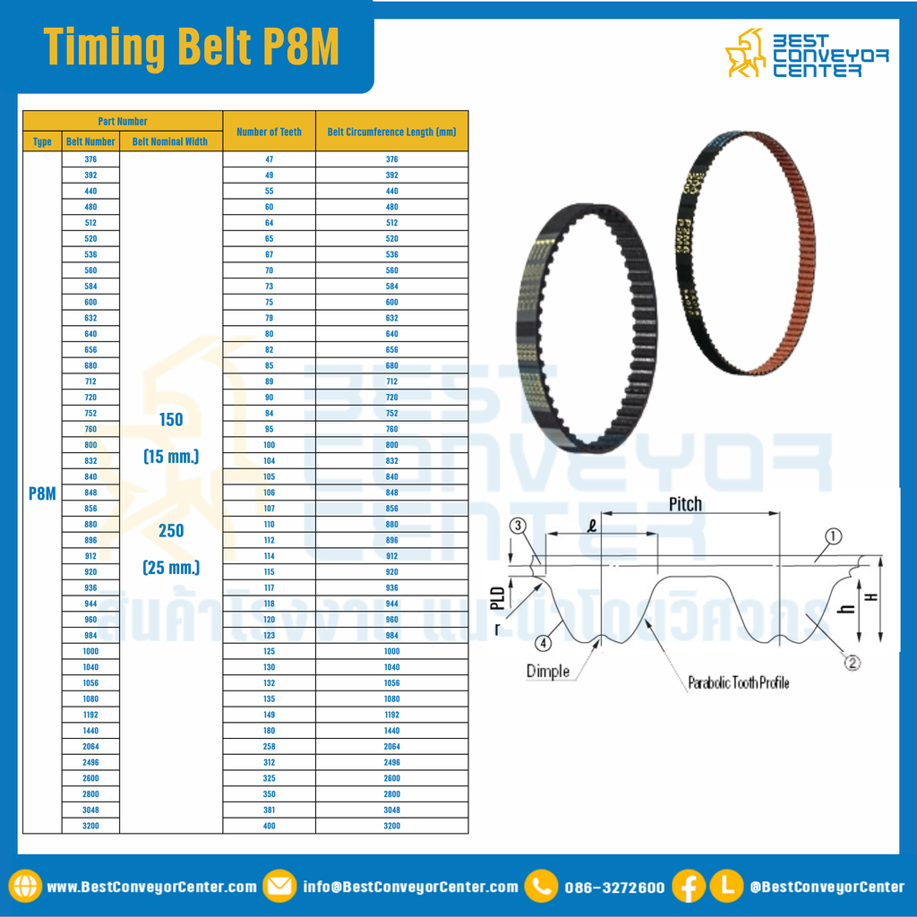 ไทม์มิ่ง เบลล์ Timing Belt P8M หน้ากว้าง 15 mm. 100 ฟัน ยาว 800 mm. : Timing Belt P8M-15-100T-800