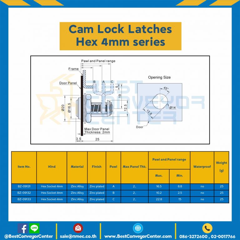 BZ-09133 Cam Lock Latches Hex 4mm. Zinc Alloy Pawl C