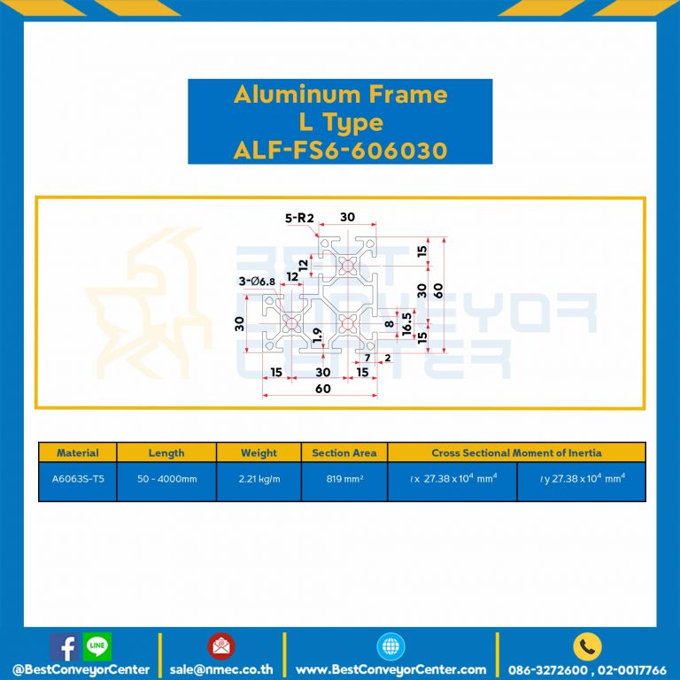 Aluminum Frame 6 Series Slot width 8 60x60x30 mm. L100 mm. Clear Anodize (L Type) : ALF-FS6-606030-149