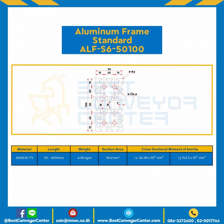 Aluminum Frame 6 Series Slot width 8 50×100 mm. L100 mm. Clear Anodize : ALF-S6-50100-100