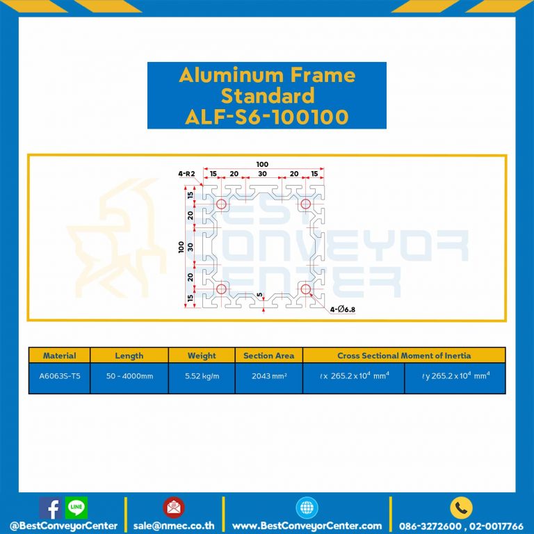 Aluminum Frame 6 Series Slot width 8 100×100 mm. L100 mm. Clear Anodize : ALF-S6-100100-108