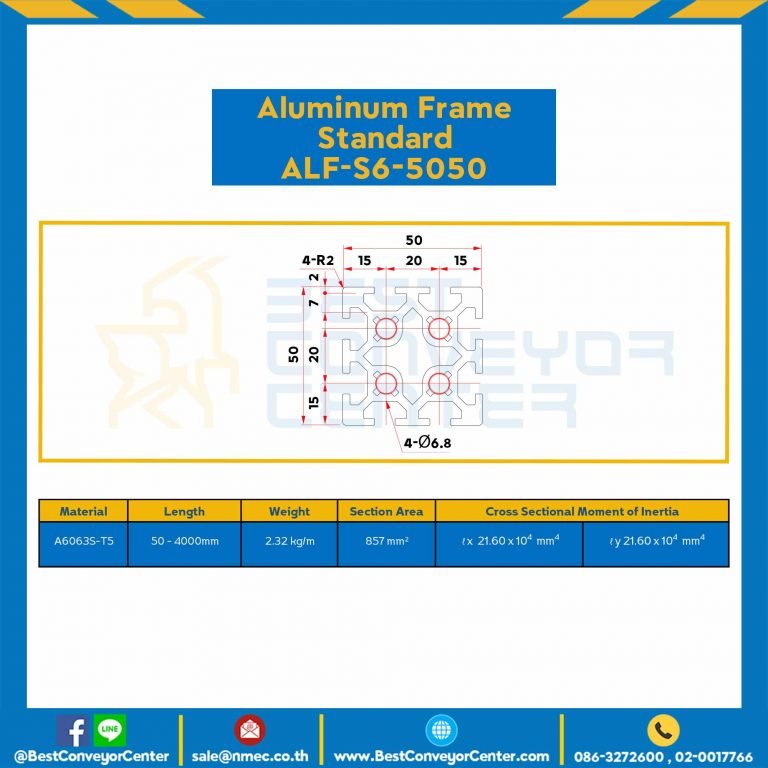 Aluminum Frame 6 Series Slot width 8 50×50 mm. L100 mm. Clear Anodize : ALF-S6-5050-116