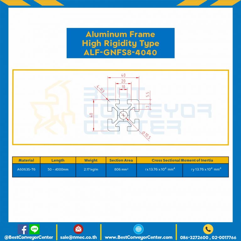 Aluminum Frame 8 Series Slot width 10 40×40 mm. L100 mm. Clear Anodize (High Rigidity) : ALF-GNFS8-4040-108