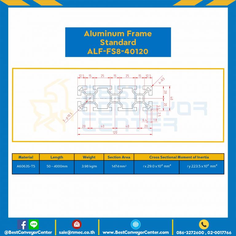 Aluminum Frame 8 Series Slot width 10 40×120 mm. L100 mm. Clear Anodize : ALF-FS8-40120-111