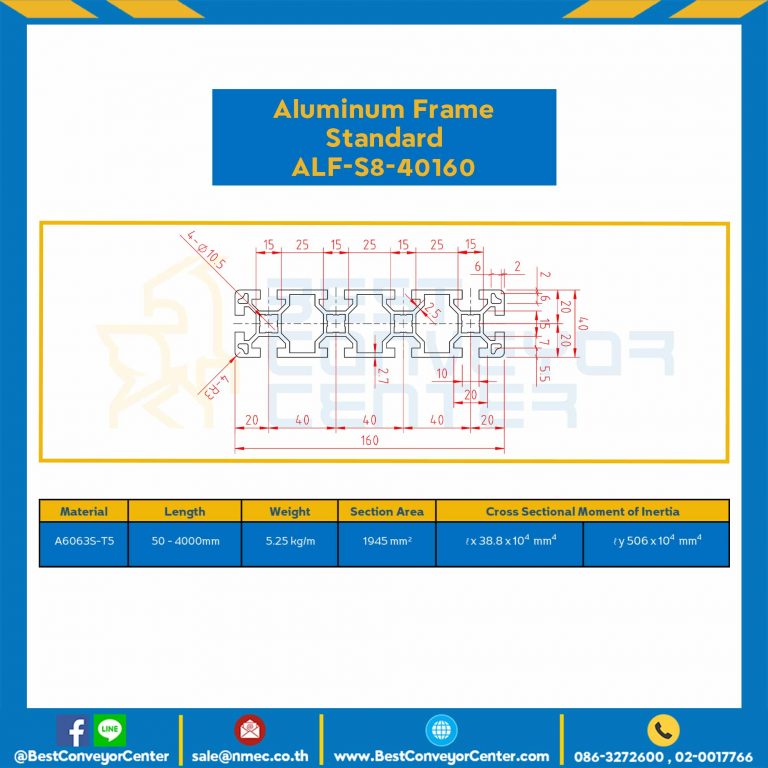 Aluminum Frame 8 Series Slot width 10 40×160 mm. L100 mm. Clear Anodize : ALF-S8-40160-144