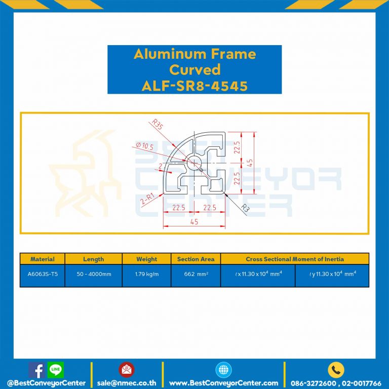 Aluminum Frame 8-45 Series Slot width 10 45×45 mm. L100 mm. Clear Anodize (Curved) : ALF-SR8-4545-115