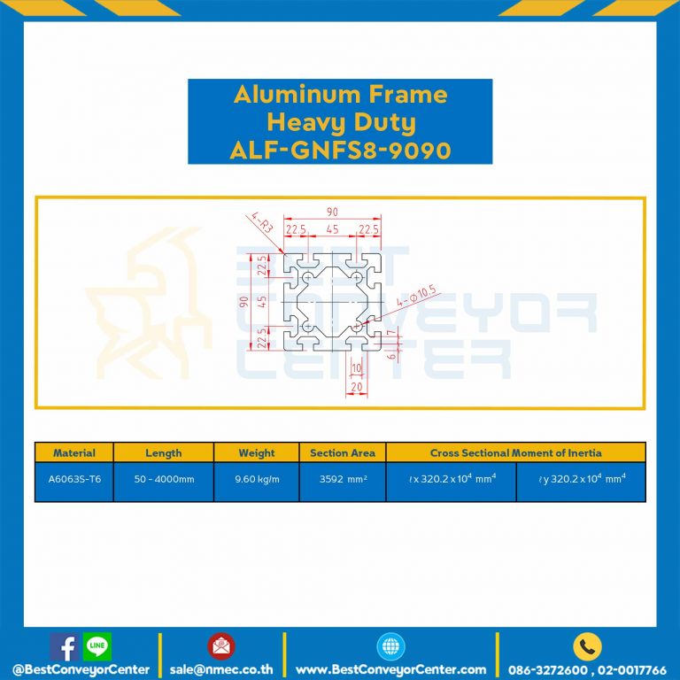 Aluminum Frame 8-45 Series Slot width 10 90×90 mm. L100 mm. Clear Anodize (Heavy Duty) : ALF-GNFS8-9090-165