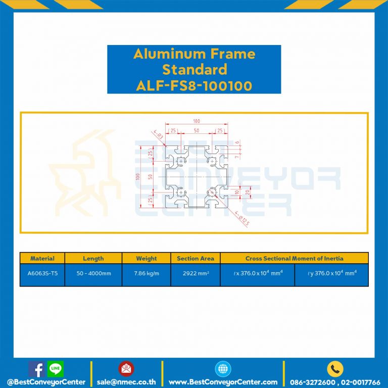 Aluminum Frame 8-45 Series Slot width 10 100×100 mm. L100 mm. Clear Anodize : ALF-FS8-100100-105