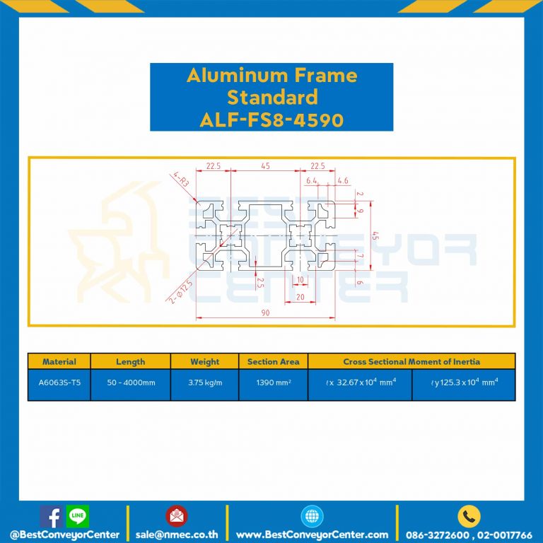 Aluminum Frame 8-45 Series Slot width 10 45×90 mm. L100 mm. Clear Anodize : ALF-FS8-4590-132