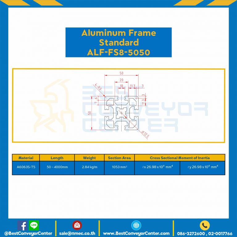 Aluminum Frame 8-45 Series Slot width 10 50×50 mm. L100 mm. Clear Anodize : ALF-FS8-5050-110