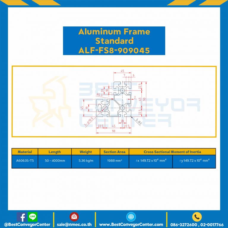 Aluminum Frame 8-45 Series Slot width 10 90x90x45 mm. L100 mm. Clear Anodize : ALF-FS8-909045-105