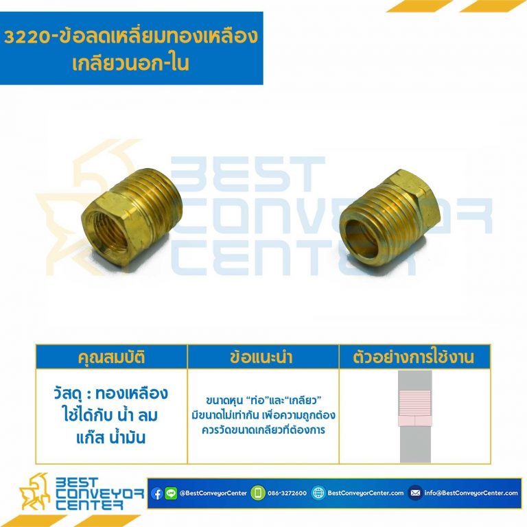ข้อลดเหลี่ยมทองเหลืองเกลียวนอก-ใน 3220x6x4