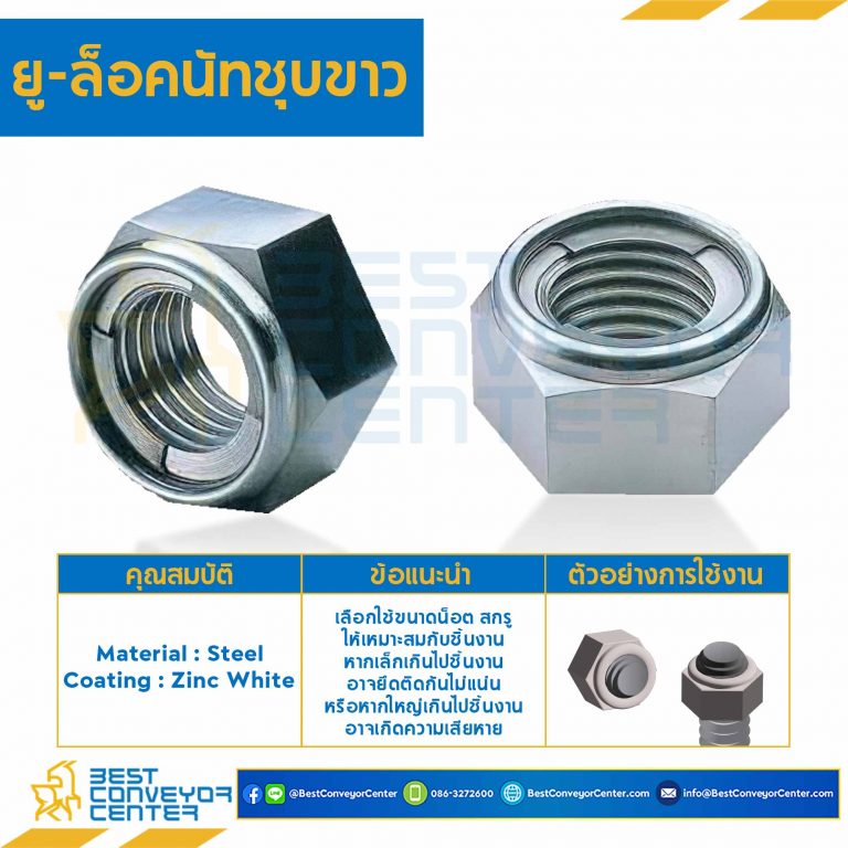ยู-ล็อคนัทชุบขาว ขนาด M8x1.25 ขอบ 13 หนา 7.3 mm. : ULN-M8-W