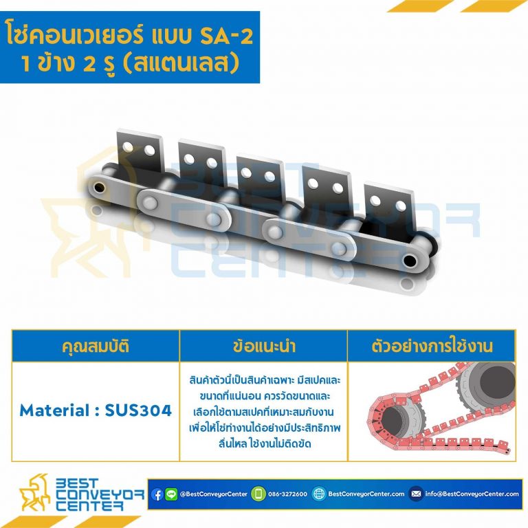 โซ่สแตนเลส ลูกกลิ้งเล็ก ติดปีกตั้ง 1 ข้าง เจาะรู 2 รู C2050RSS-1L-SA2