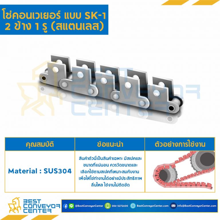 โซ่สแตนเลส ลูกกลิ้งใหญ่ ติดปีกตั้ง 2 ข้าง เจาะรู 1 รู C2082RSS-2L-SK1