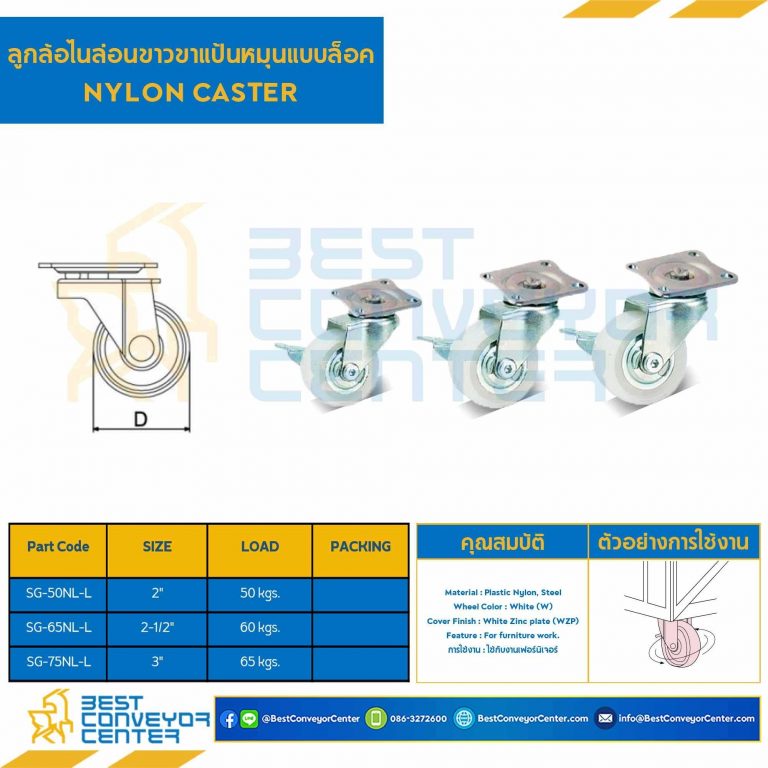 ลูกล้อไนล่อนขาวขาแป้นหมุนแบบล็อค 3″ : SG-75NL-L
