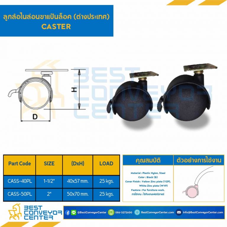 ลูกล้อไนล่อนขาแป้นล็อค(ต่างประเทศ) 1-1/2″ : CASS-40PL