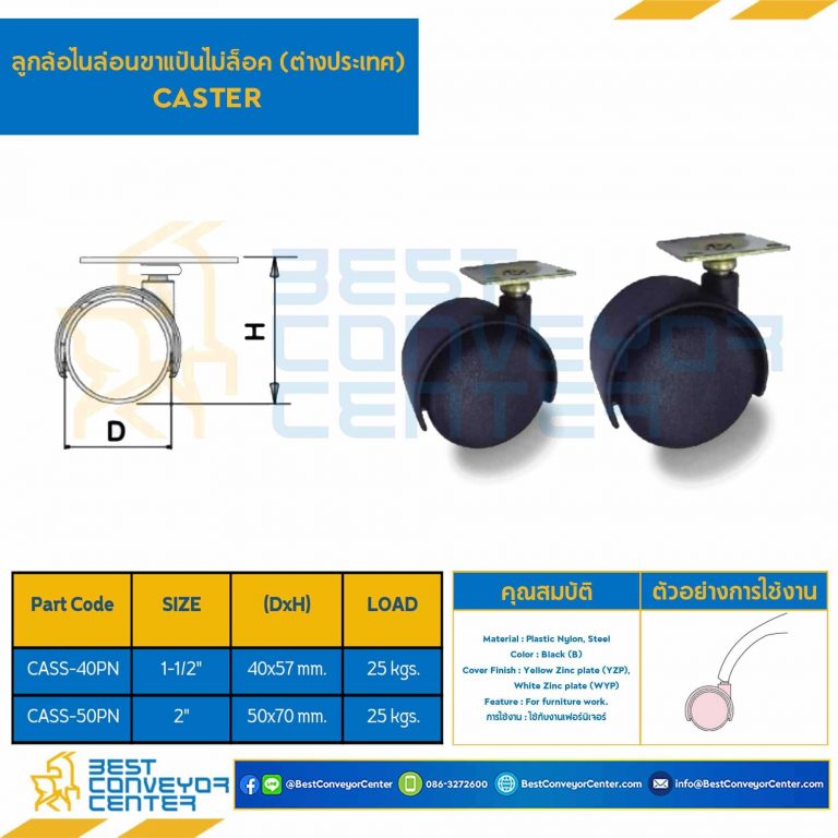 ลูกล้อไนล่อนขาแป้นไม่ล็อค(ต่างประเทศ) 1-1/2″ : CASS-40PN