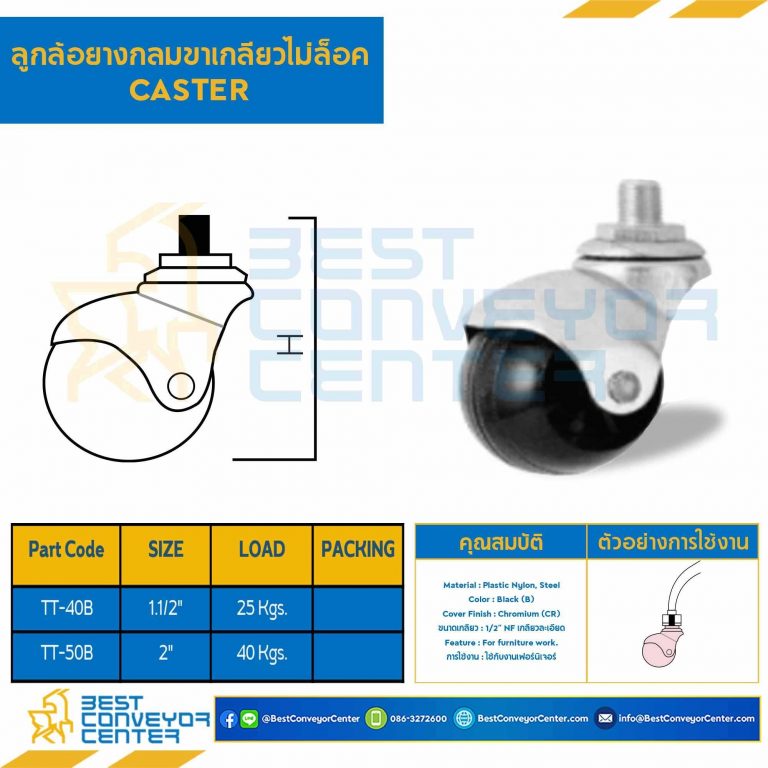 ลูกล้อยางกลมขาเกลียวไม่ล็อค 1-1/2″ : TT-40B