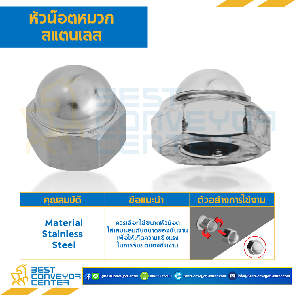 หัวน็อตหมวกสแตนเลส ขนาด M16x2 ขอบ 24 สูง 24 mm. : CN-M16-2-SS