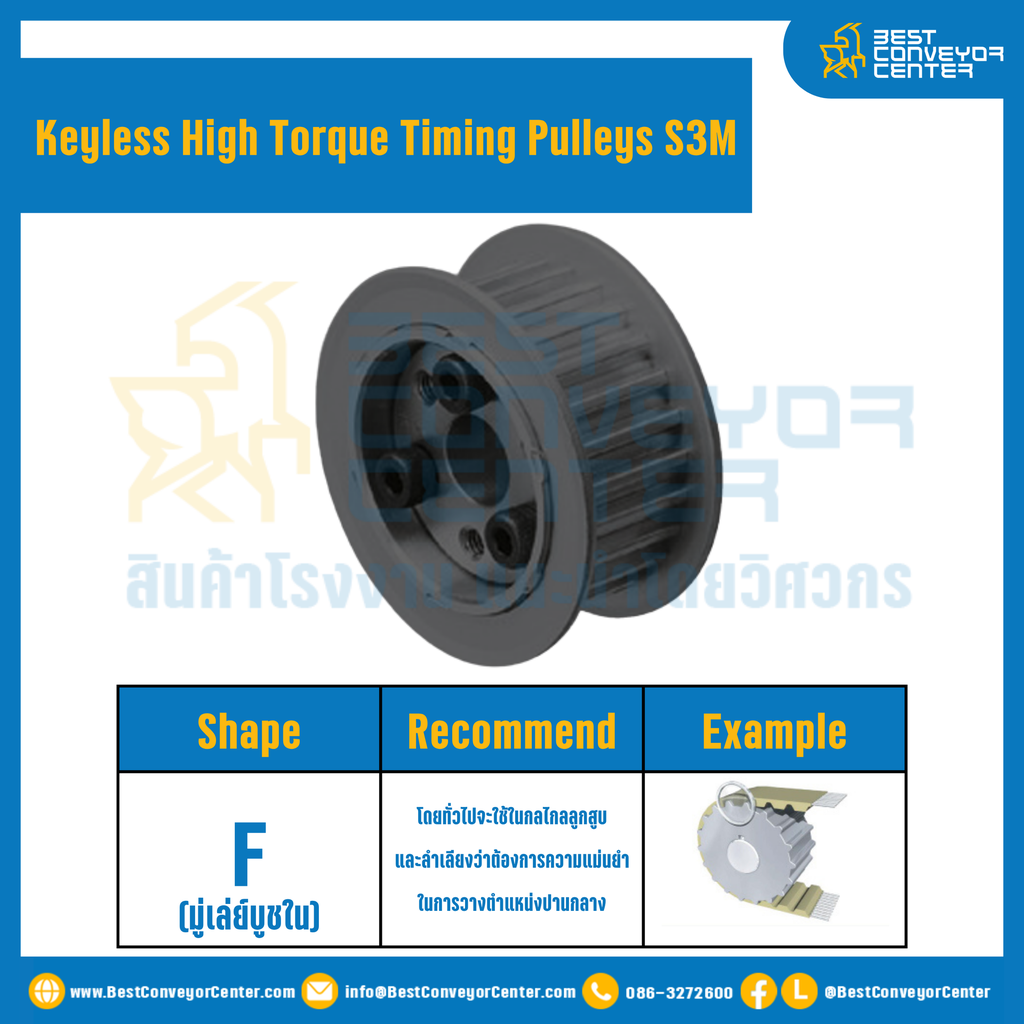 มู่เล่ย์ไทม์มิ่งแรงบิดสูงแบบไม่มีลิ่ม Pulleys Timing Keyless High Torque S3M หน้ากว้าง 10 mm. 34 ฟัน : KHT-S3M-10-34TFS