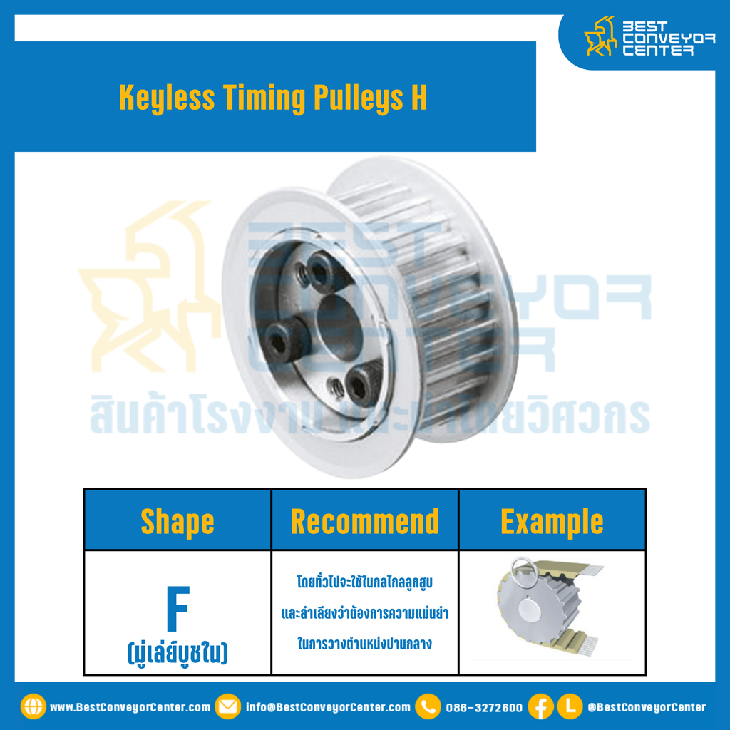 มู่เล่ย์ไทม์มิ่งแบบไม่มีลิ่ม Keyless Pulleys Timing H หน้ากว้าง 38.1 mm. 26 ฟัน : KTP-H-38.1-26TFAL