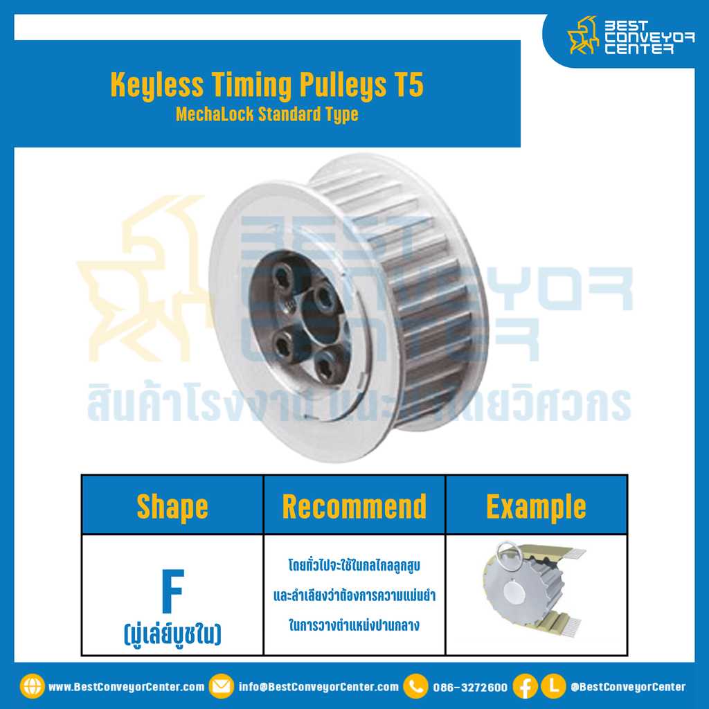 มู่เล่ย์ไทม์มิ่งแบบไม่มีลิ่ม Keyless Pulleys Timing T5 หน้ากว้าง 20 mm. 30 ฟัน : KTPM-T5-20-30TFAL