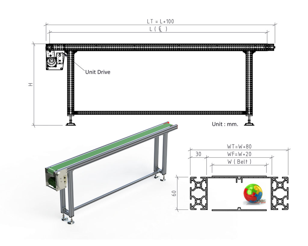 MiiB500L12000H750 : สายพานลำเลียงอลูมิเนียม 30x60 mm. หน้ากว้าง 500 mm.ยาว 12 m. สายพาน PVC Green