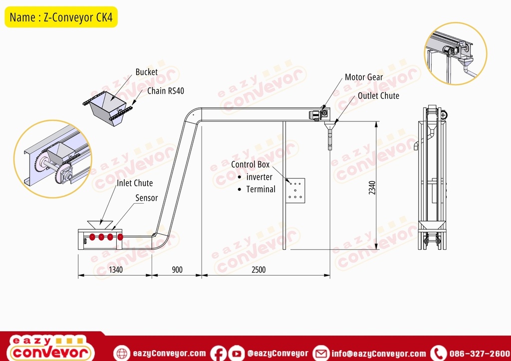 Z-Conveyor CK#4 : W200L4740H2340 mm.- Frame Conveyor C200x3 mm.Steel paint - Chain RS40 Double line  - Bearing UCF205 "SKF" - Take up chain  - Cover guard Top Acrylic clear 6 mm. - Motor Gear "Motovario" 0.37kW/Phase  - Inverter Mitsubishi - Bracket 100x150x100  (Steel Zinc) = 4 Pc. - Photo Sensor "Omron" = 4 Pc - Cabinet Box