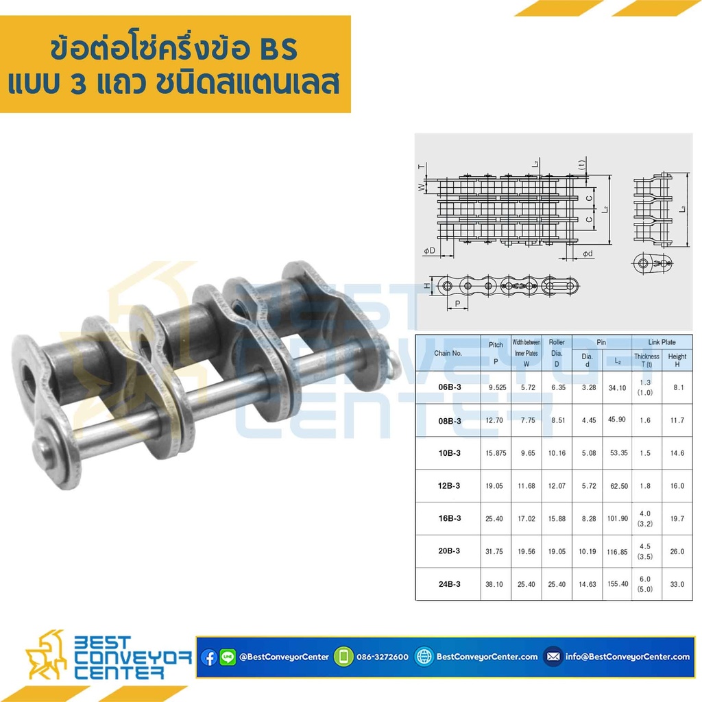ข้อต่อครึ่งข้อ 3 แถว No.08B : CL08BR3P0.5-SS