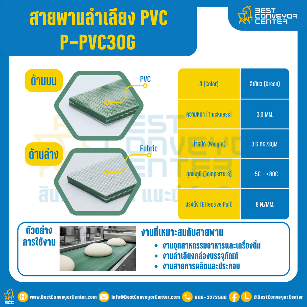 สายพานลำเลียง PVC สีเขียว หนา 3 mm. 500×2000 mm. (ต่อกลม) : P-PVC30G-W500xL2000-GR