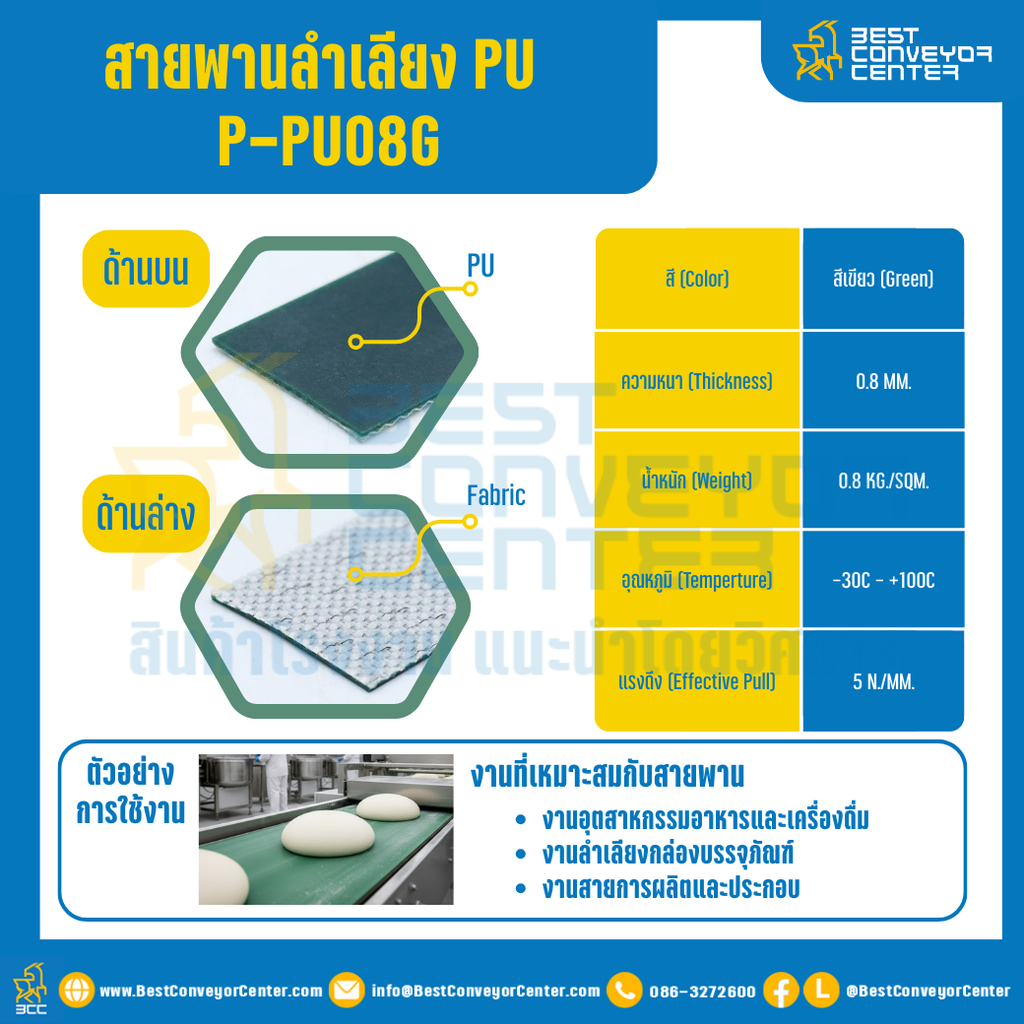 สายพานลำเลียง PU สีเขียว หนา 0.8 mm. 300×6000 mm. (ต่อกลม) : P-PU08W-W300xL6000-GR