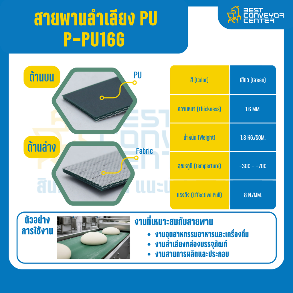 สายพานลำเลียง PU สีเขียว หนา 1.6 mm. 300×4000 mm. (ต่อกลม) : P-PU16G-W300xL4000-GR