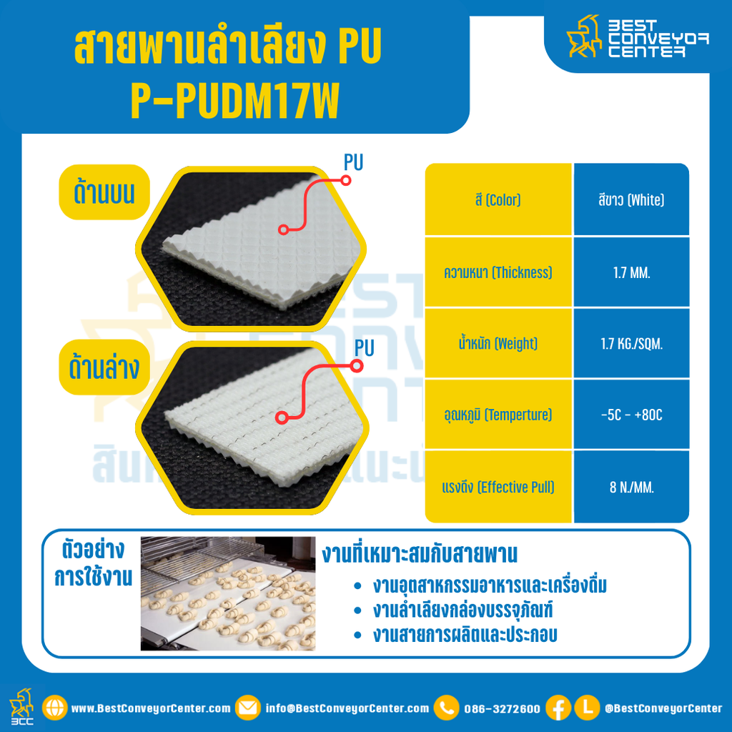 สายพานลำเลียง PU สีขาว หนา 1.7 mm. 100×6000 mm. (ต่อกลม) : P-PUDM17W-W100xL6000-W