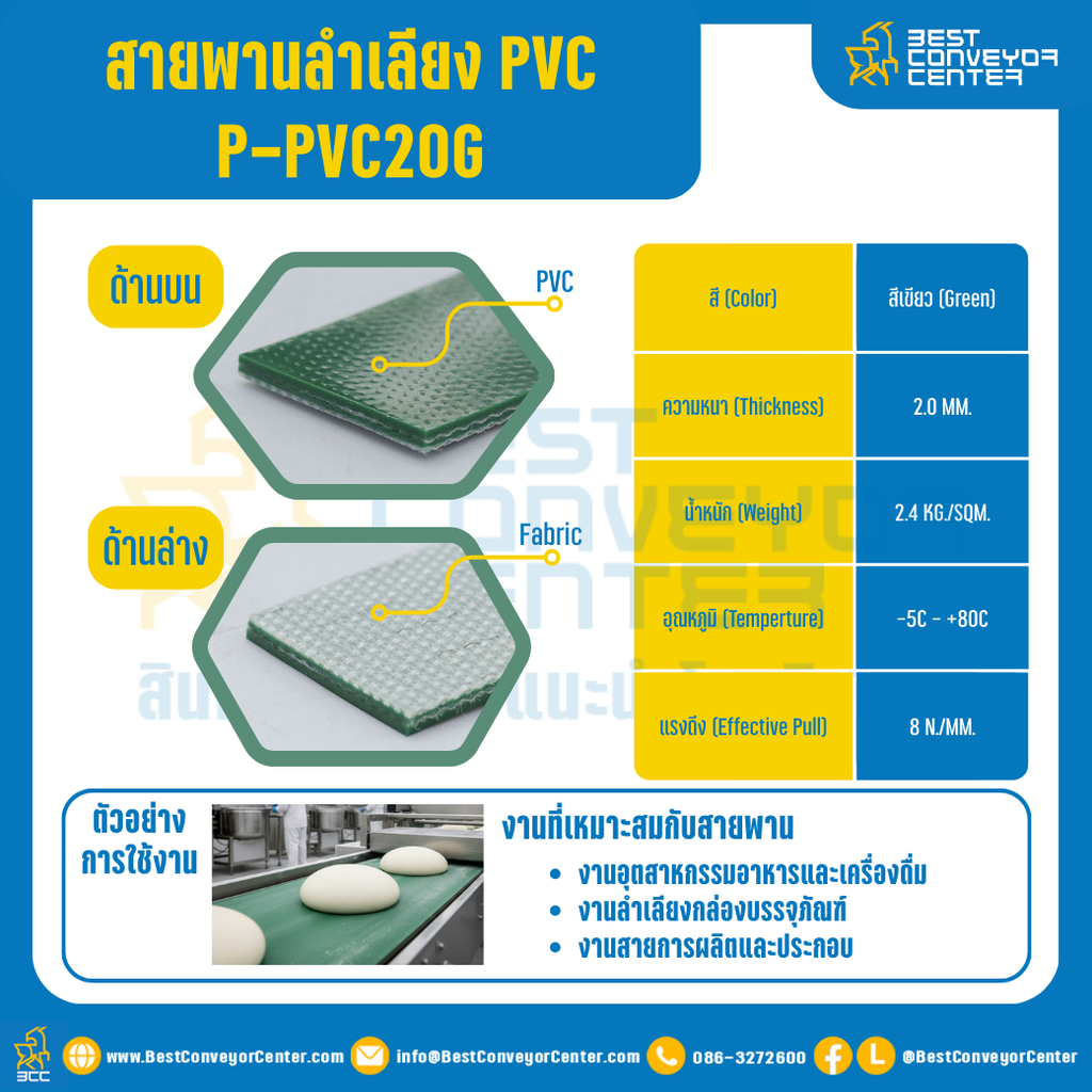 สายพานลำเลียง PVC สีเขียว หนา 2 mm. 200×6000 mm. (ต่อกลม) : P-PVC20G-W200xL6000-GR