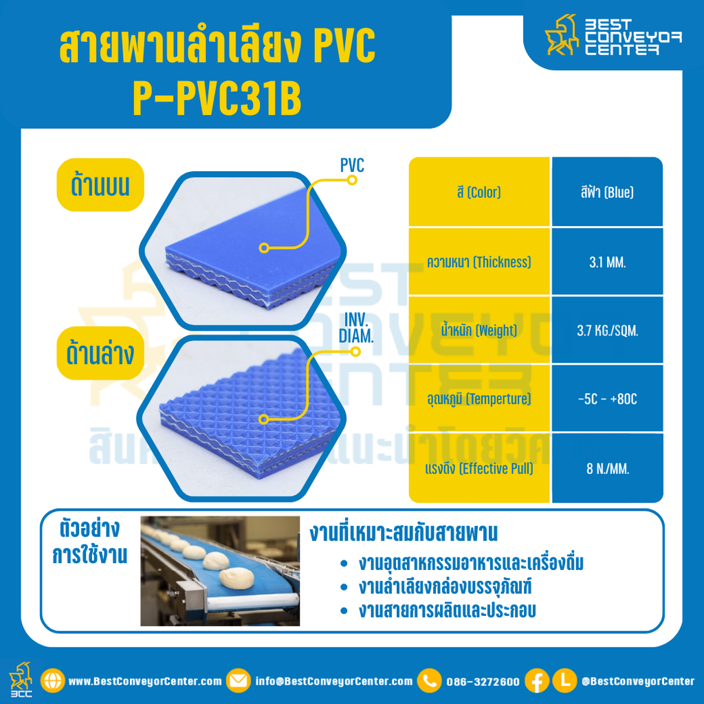 สายพานลำเลียง PVC สีฟ้า หนา 3.1 mm. 500×6000 mm. (ต่อกลม) : P-PVC31B-W500xL6000-BL