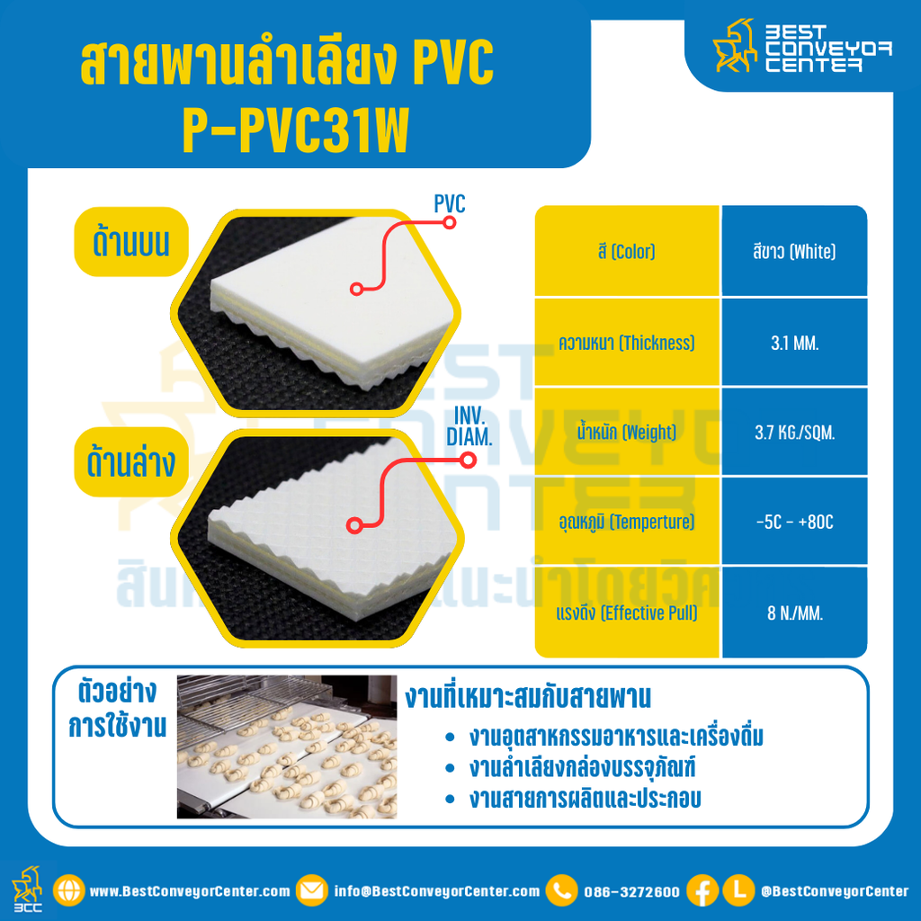 สายพานลำเลียง PVC สีขาว หนา 3.1 mm. 300×6000 mm. (ต่อกลม) : P-PVC31W-W300xL6000-W