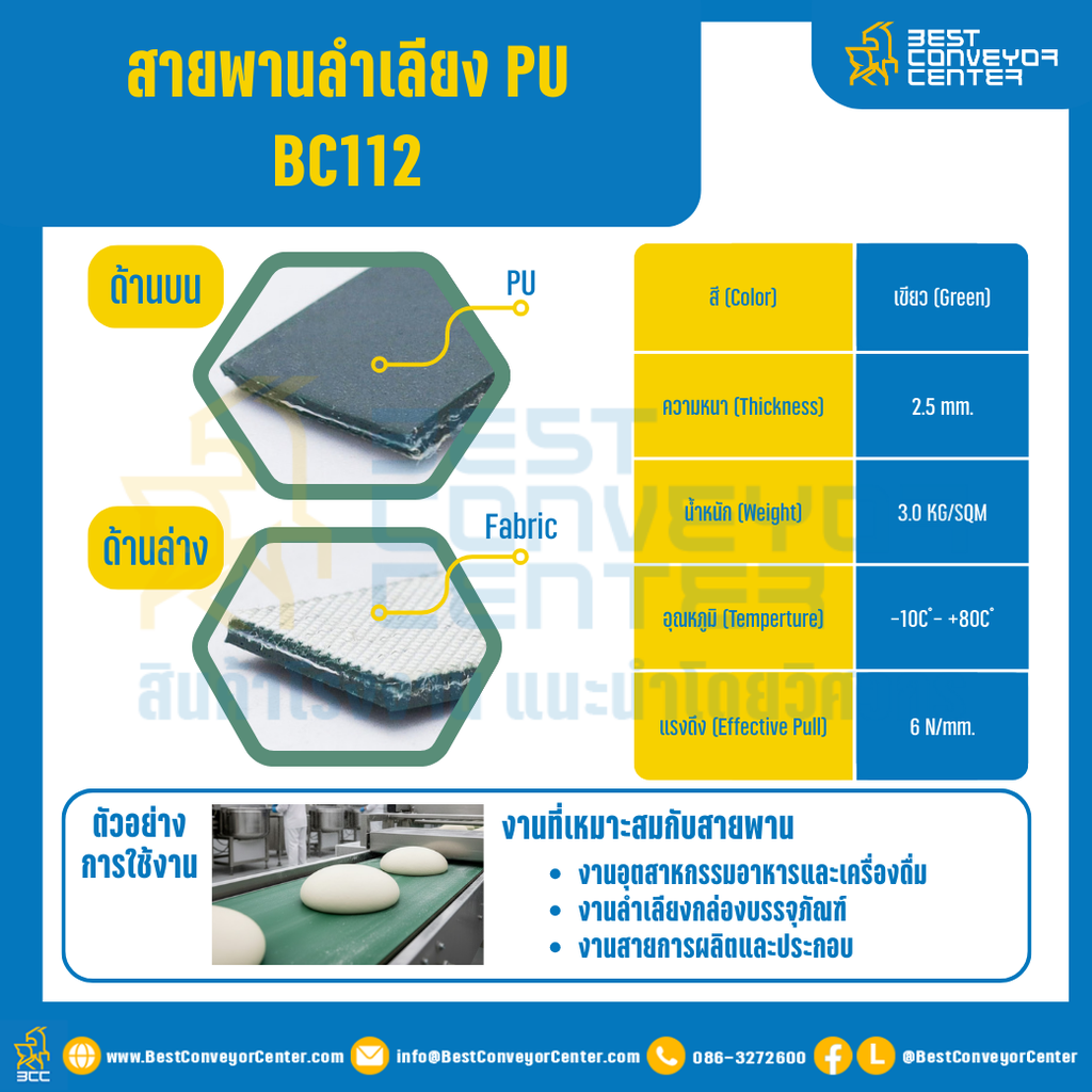 สายพานลำเลียง PU สีเขียว หนา 2.5 mm. 100×6000 mm. (ต่อกลม) : BC112-W100xL6000-GR