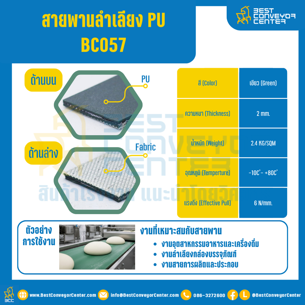 สายพานลำเลียง PU สีเขียว หนา 2 mm. 500×4000 mm. (ต่อกลม) : BC057-W500xL4000-GR