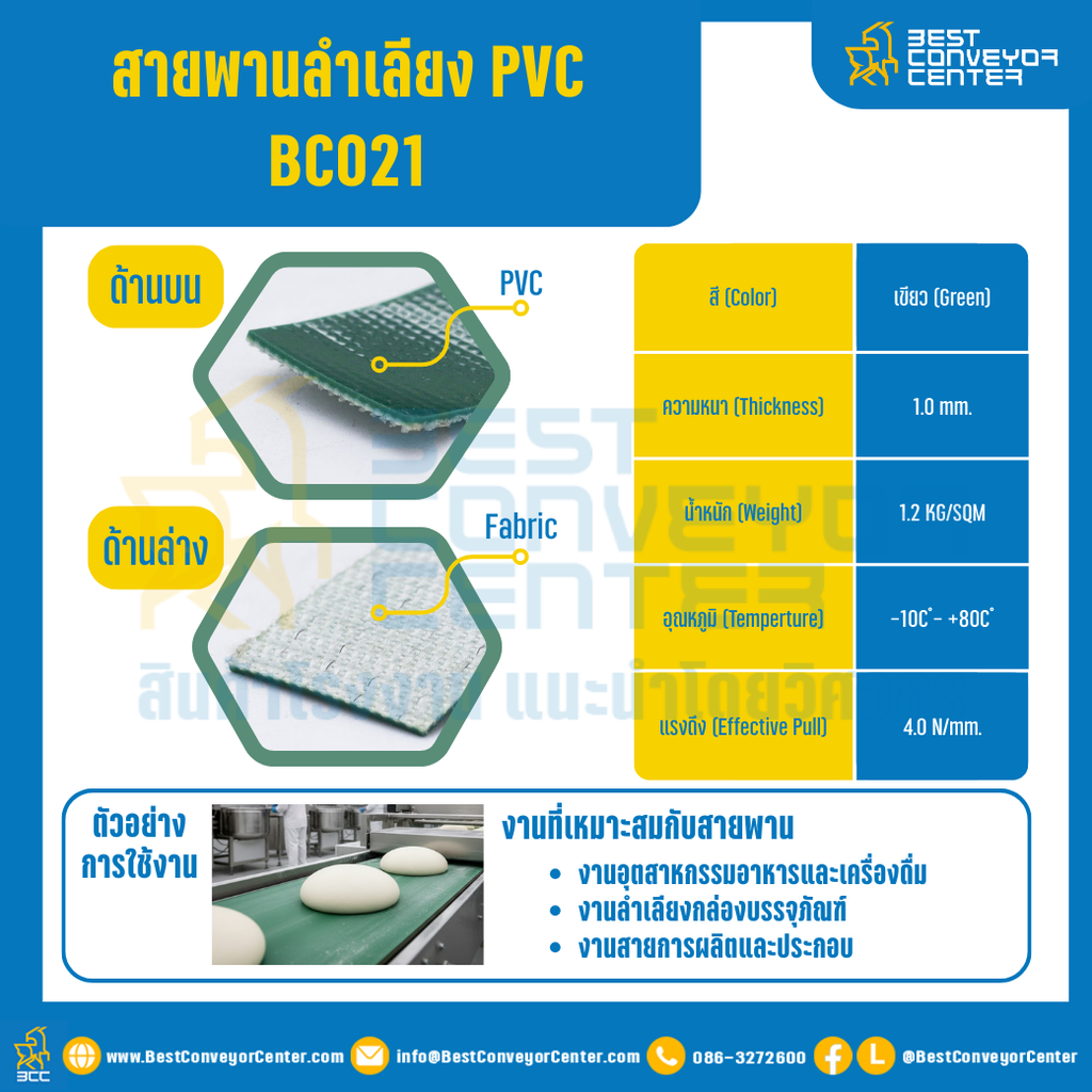 สายพานลำเลียง PVC สีเขียว หนา 1 mm. 200×4000 mm. (ต่อกลม) : BC021-W200xL4000-GR