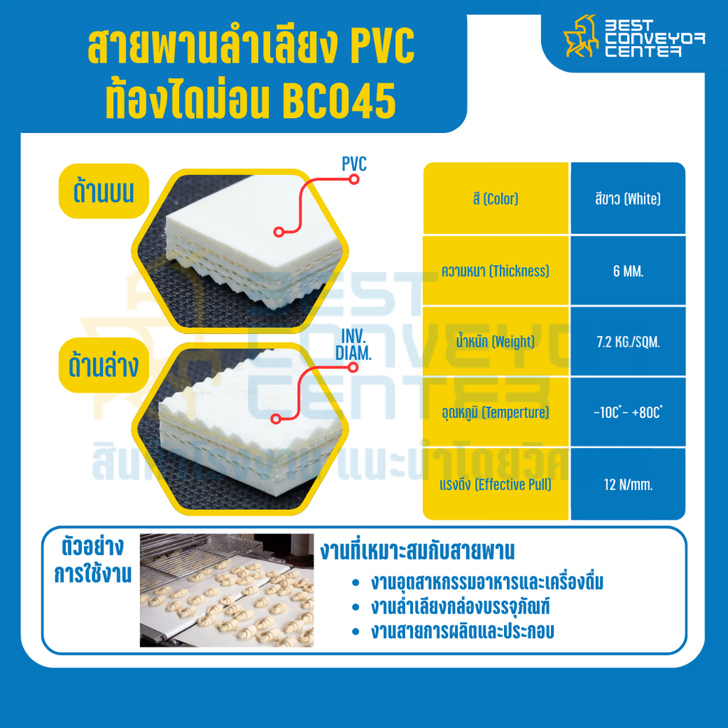 สายพานลำเลียง PVC สีขาว หนา 6 mm. 300×6000 mm. (ต่อกลม) : BC045-DM-W300xL6000-W